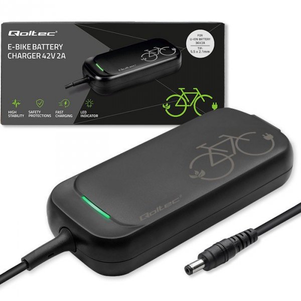Qoltec Ładowarka do roweru skutera elektrycznego 36V | 42V | 2A | 5.5*2.1 | wodoodporna + kabel zasilający