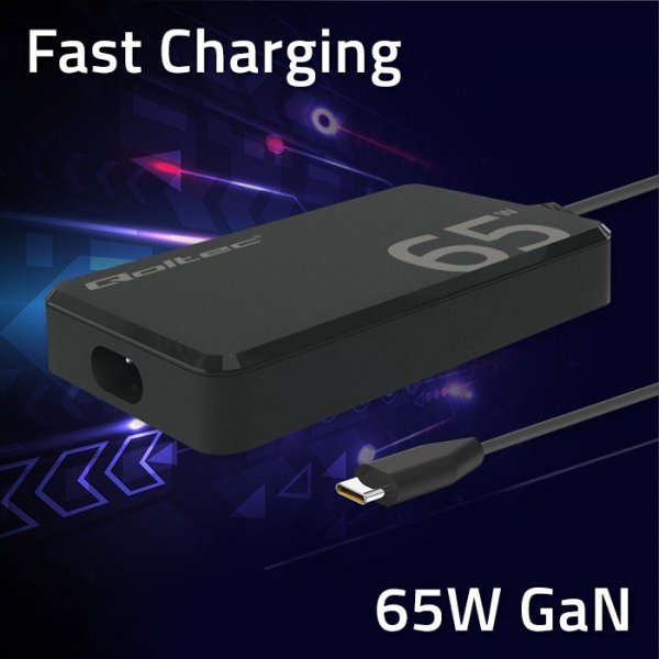 Qoltec Ładowarka sieciowa 65W GaN Super Fast SLIM | PD | 5-20V | 3.25A |USB-C 3.1 | Laptop | MacBook | Smartfon | +kabel