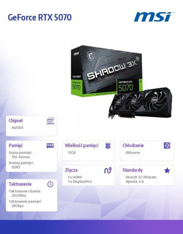MSI Karta graficzna GeForce RTX 5070 12G SHADOW 3X OC GDDR7 192bit HDMI/DP