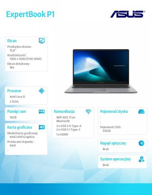 Asus Notebook ExpertBook P1503CVA-S70859X i5-13420H/15.6 cali FHD/16GB/512GB/ Win 11 PRO/3YRS