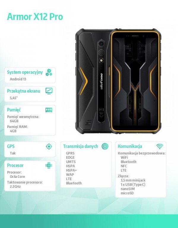 ULEFONE Smartfon Armor X12 4G 3/32GB IP69K Pomarańczowy