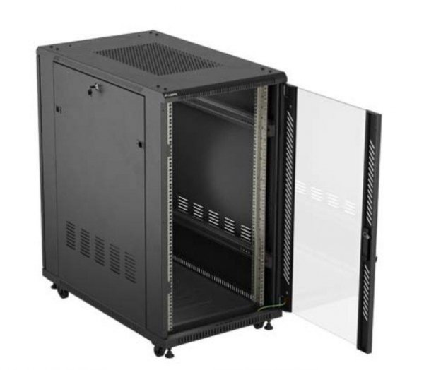 Lanberg Szafa instalacyjna rack stojąca 19" 22U 600x1000 czarna drzwi   przeszkolne ( flat pack)