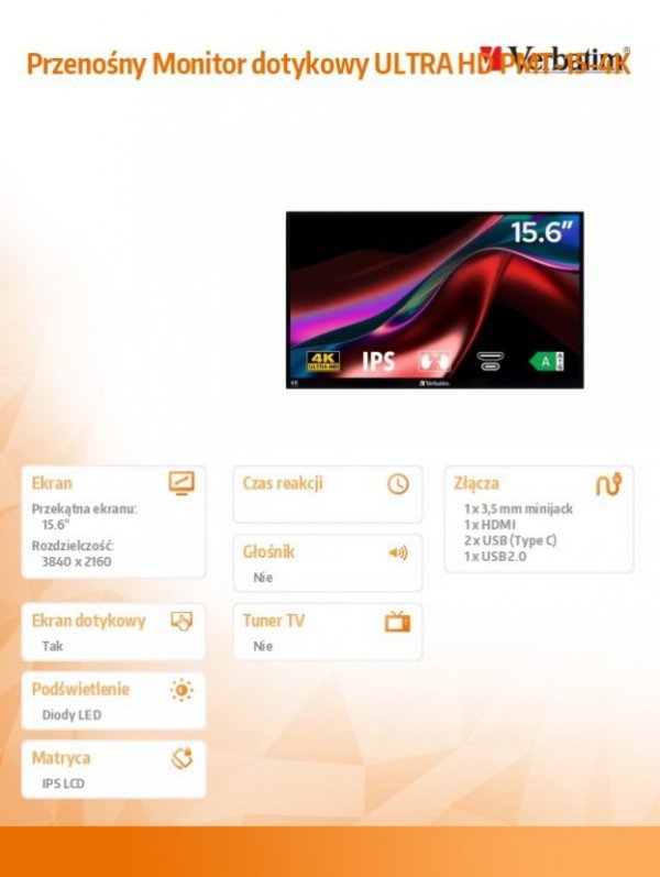 Verbatim Przenośny Monitor dotykowy ULTRA HD PMT-15-4K