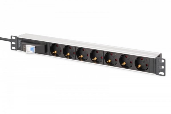 Digitus Listwa zasilająca PDU Rack 19" z wyłącznikiem nadprądowym Typ C 16A, 7 gniazd Schuko CEE 7/3 (45°), kabel 1,8m wtyk