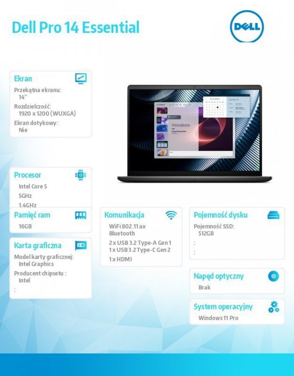 Dell Laptop Dell Pro 14 Essential PV14250 W11P C5-120U|16GB|512GB|Intel Graph|FgrPr|WLAN+BT|14.0 FHD+|BcklKb|4C|65W|3YPS Platinu