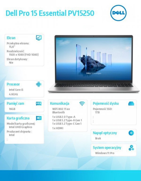 Dell Laptop Dell Pro 15 Essential PV15250 W11P i5-1334U|16GB|1TB|IntelUHD|FgrPr|WLAN+BT|15.6 FHD|BcklKb|3C|65W|3YPS Platinum Sil