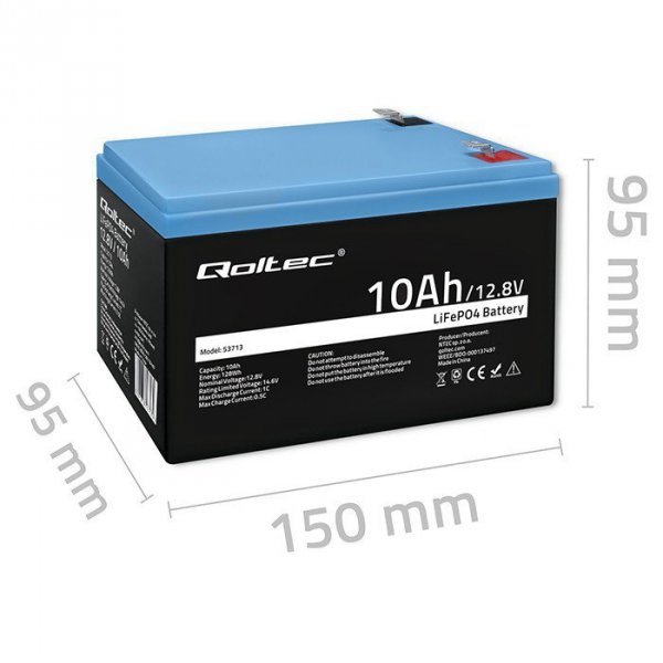 Qoltec Akumulator LiFePO4 litowo-żelazowo-fosforanowy | 12.8V | 10Ah |  128Wh | BMS