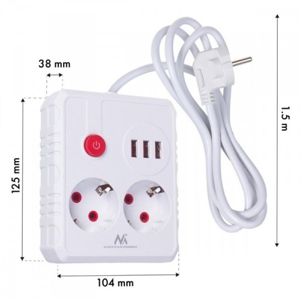 Maclean Listwa zasilająca 2 gniazda MCE387 W 3xUSB, 110-240V AC 50/60Hz, 2.1A max 2500W, 1.5m, biała