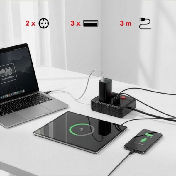 Maclean Listwa zasilająca MCE388 B 2 gniazda, 3xUSB, 110-240V AC 50/60Hz, 2.1A max 2500W, 3m czarna