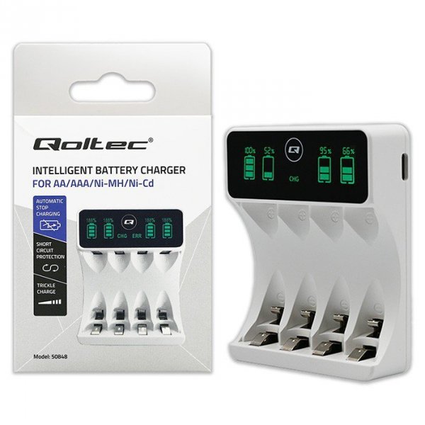 Qoltec Ładowarka do akumulatorków Ni-MH typu R03 AAA R6 AA | LCD | kabelUSB-C | Biała