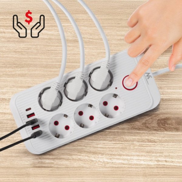 Maclean Listwa zasilająca MCE389 W 6 gniazd 4xUSB-A 1xUSB-C 110-240V, AC 50/60Hz, 2.1A max 2500W biała