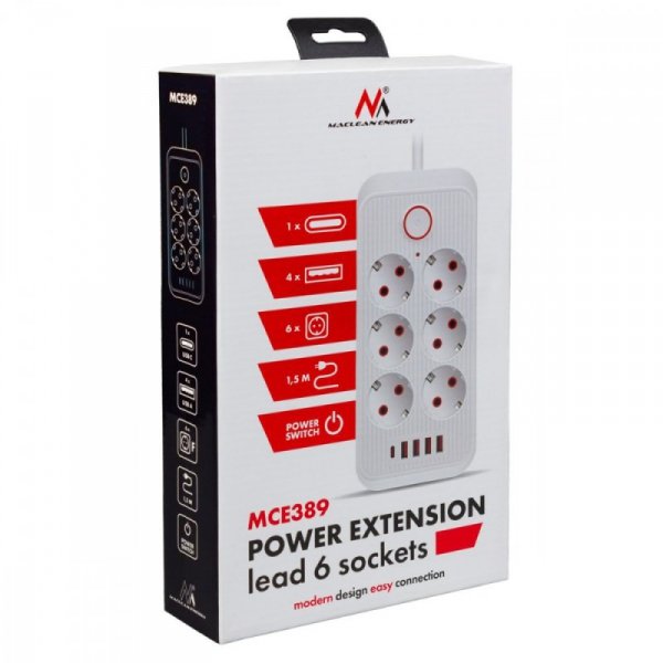 Maclean Listwa zasilająca MCE389 W 6 gniazd 4xUSB-A 1xUSB-C 110-240V, AC 50/60Hz, 2.1A max 2500W biała