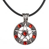 Pentagram Biały z czerwonymi kryształkami - wisiorek na czarnej żyłce