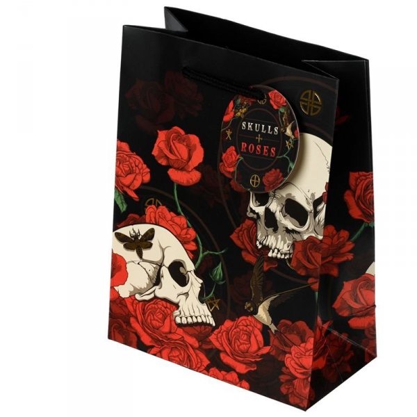 duża czarna papierowa torebka na prezenty z czaszkami i różami