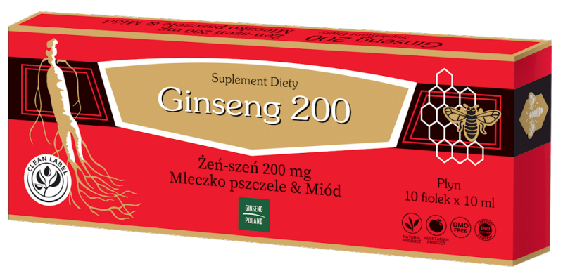 Ginseng 200 Żeńszeń + Mleczko Pszczele+ Miód 10x10ml fiolki