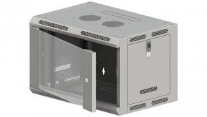 Szafa rack wisząca 19 cali 9U 600x500, niedzielona, drzwi szklane, kolor szary FLAT PACK