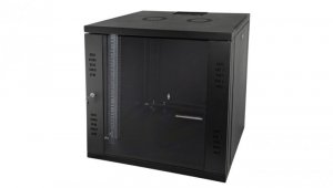 Szafka rack wisząca 19 12U 600x450 niedzielona drzwi szklane jednoskrzydłowe czarny FLAT PACK SW-12U-600-450-N-DSJ-OP-RP-F-C-1