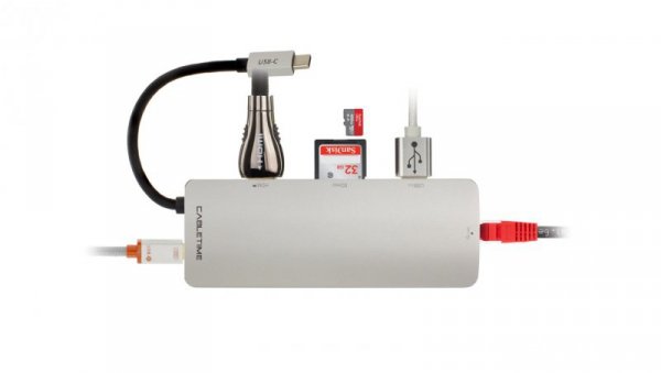 Adapter USB C (m) - HDMI(ż)+USB A(ż) 3.0+USB C (ż)+RJ45 Gigabit Ethernet (ż)+czytnik kart SD/TF i Micro SD 15cm AUDA 4K