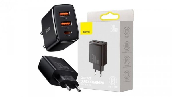 BASEUS Ładowarka sieciowa 2x USB (1x5V / 3A, 1x9V / 2A) Quick Charge 3.0, 1x USB-C PD 3.0 iQ Smart Charging 30W