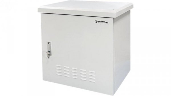 Zewnętrzna szafka rack IP55, wisząca 19 9U 600x450, 4 belki nośne, 4 przepusty kablowe, kolor szary