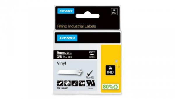 Taśma DYMO IND winylowa uniwersalna 9mm x 5,5m (czarna / biały nadruk) RHINO Industrial 1805437 ORYGINALNA