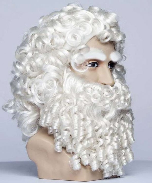 Zarost Mikołaja – broda i peruka, białe loki – widok z profilu