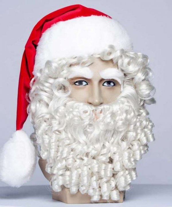 Zarost Mikołaja – broda z wąsem i peruka, białe loki – widok z przodu