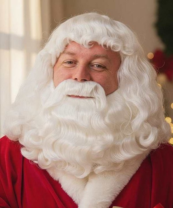 zarost Świętego Mikołaja Lapland – peruka, broda na gumce, wąsy do przyklejenia – front Lapland Santa beard wig mustache set – on model