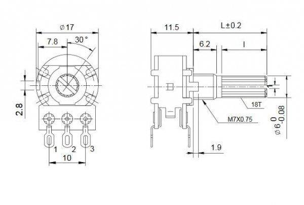 Potencjometr stereo 2x10k/A logarytmiczny panel, standard