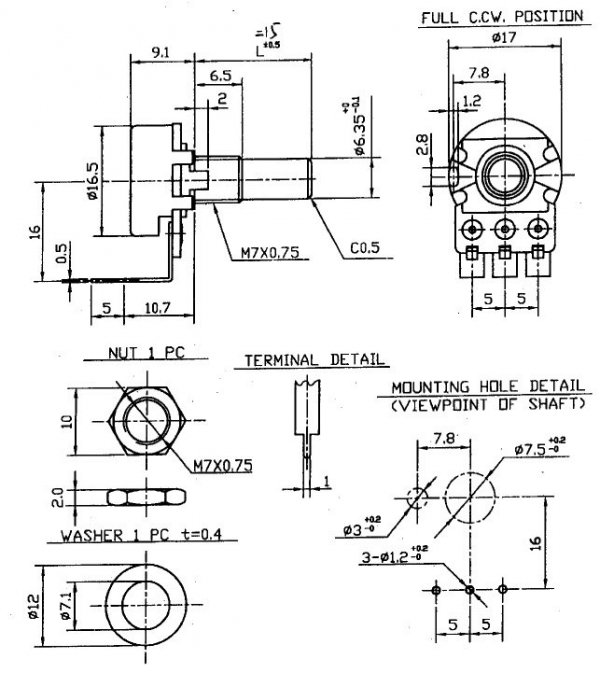 Alpha 10k/B liniowy PCB-V (oś 6.3mm)