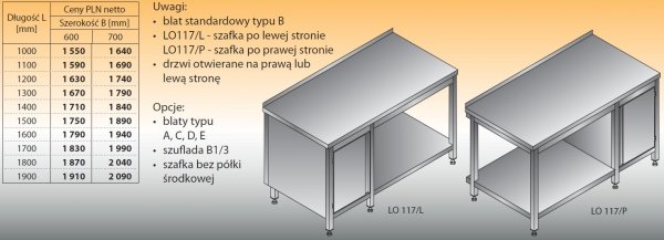 Stół roboczy z szafką i półką lo 117/l; lo 117/p 1800/600
