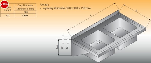 Zlewozmywak 2-komorowy ścienny lo 413 - 900x500