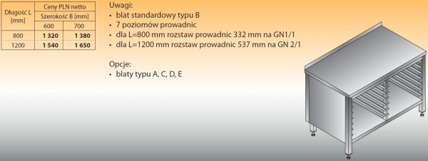 Stół z prowadnicami na pojemniki gn lo 112 1200/700