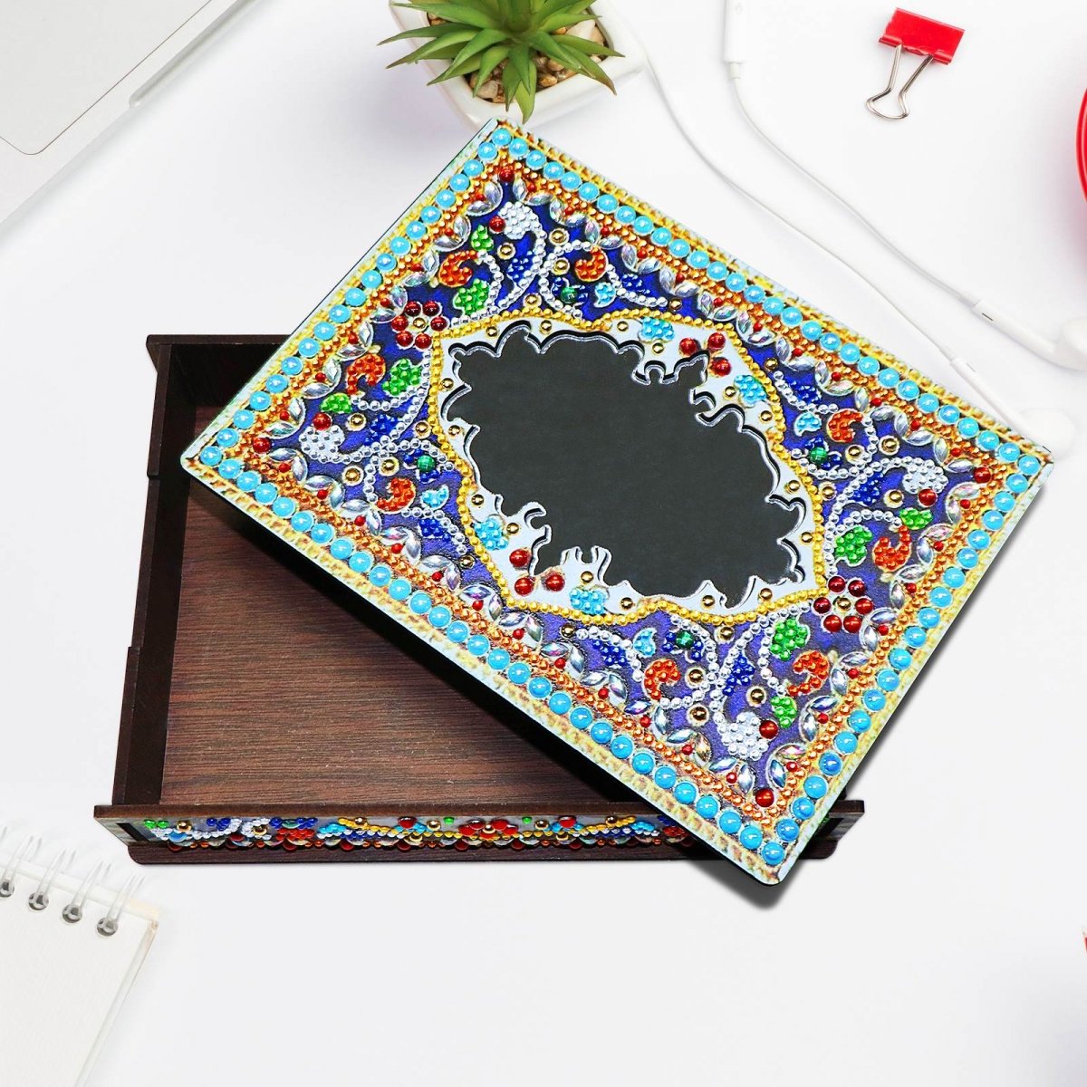 Haft Diamentowy Ozdobne Pudełko Szkatułka Lusterko - Błękitny Ornament