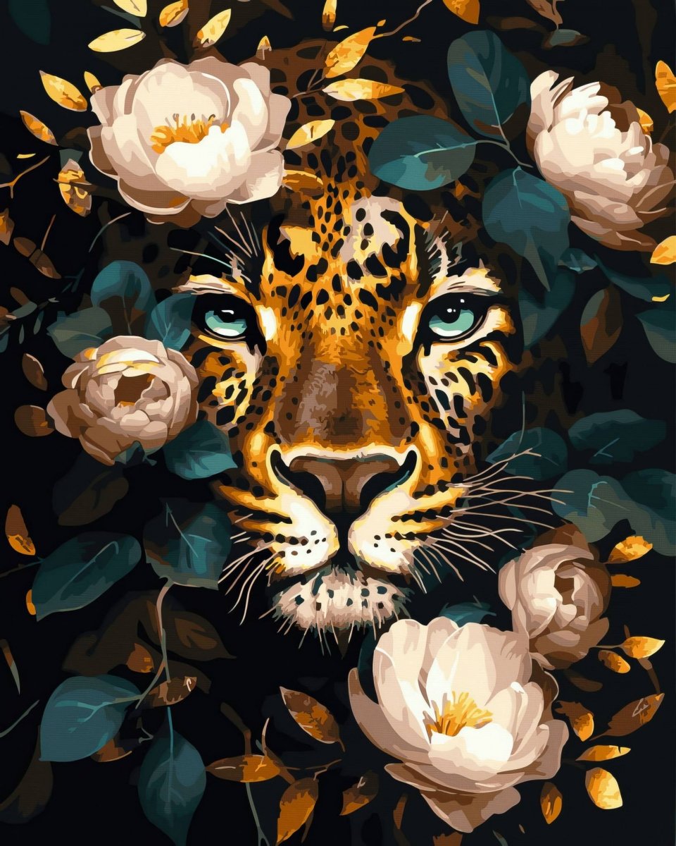 Malowanie Po Numerach Czarne Płótno Zestaw Leopard i Piwonie 40x50