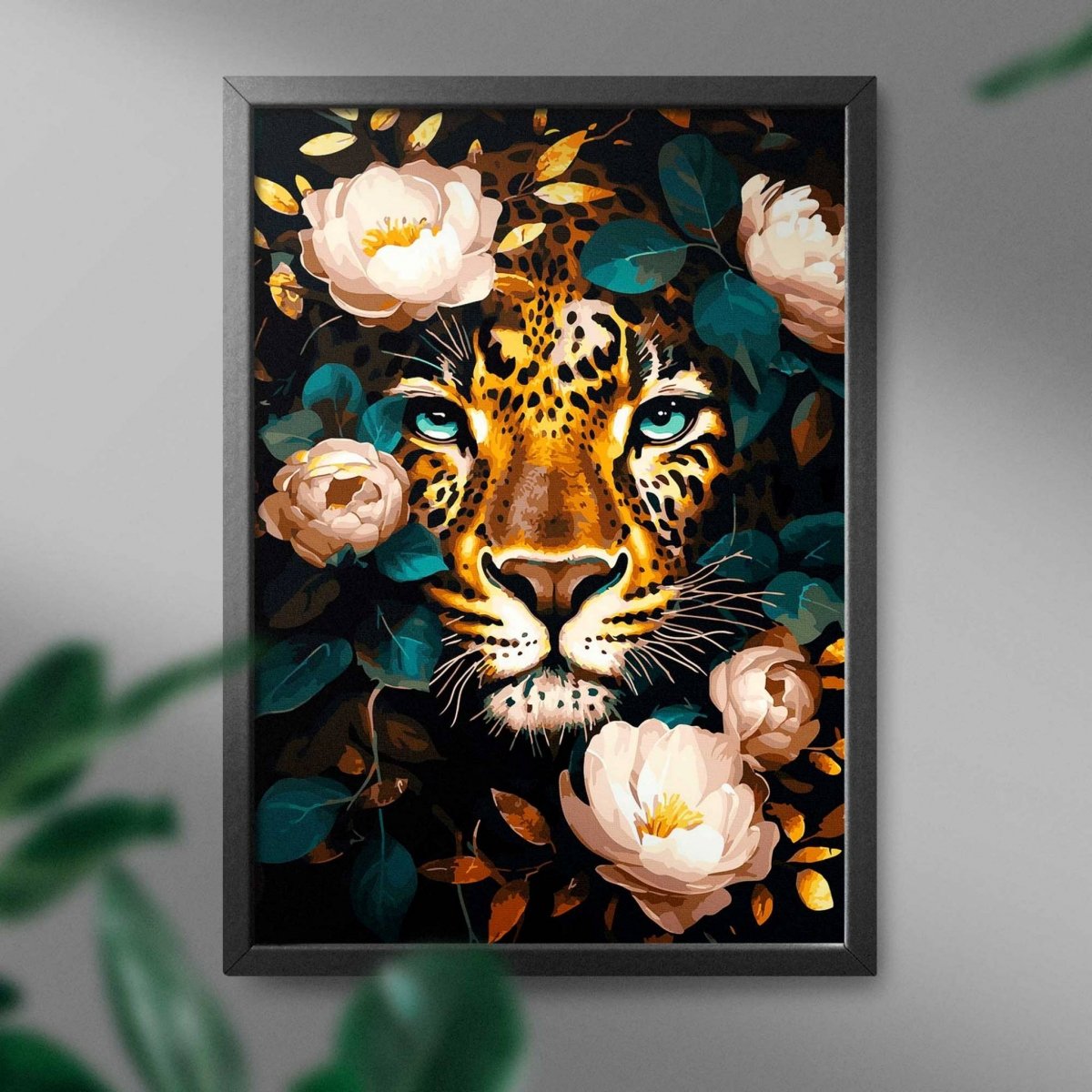 Malowanie Po Numerach Czarne Płótno Zestaw Leopard i Piwonie 40x50