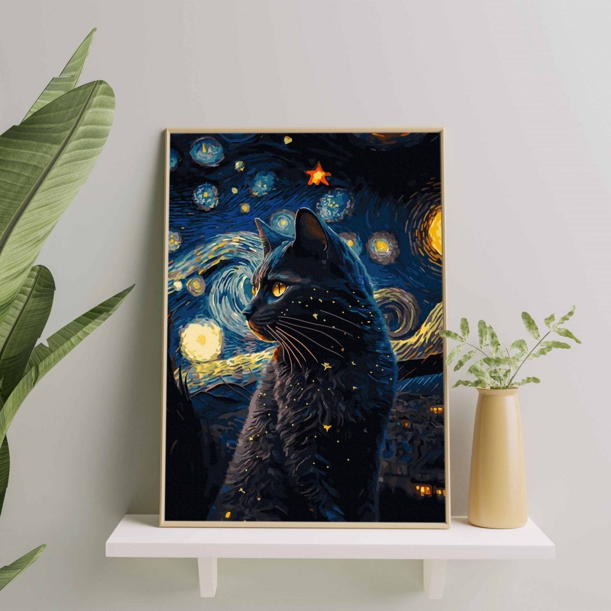 Malowanie Po Numerach Zestaw Czarny Kot i Gwiazdy 40x50