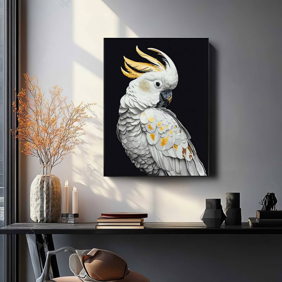 Malowanie Po Numerach Czarne Płótno Zestaw Biała Papuga 40x50