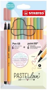Cienkopisy i pisaki Point 88 i Pen 68 2x 6-kol. Pastellove w etui kartonowym, Stabilo