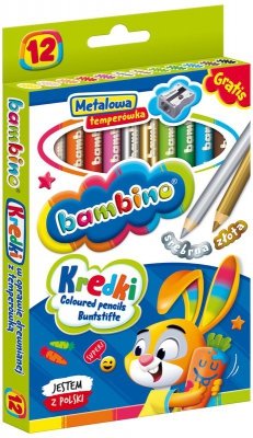 Kredki 12-kol. 15 cm Jumbo drewniane Bambino + temperówka, St.Majewski
