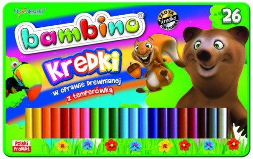 Kredki 26-kol. 15 cm Jumbo drewniane + temperówka w pudełku metalowym Bambino, St.Majewski