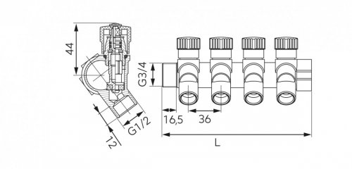 Rozdzielacz Ferro  ¾'' x ½''  4-drogowy