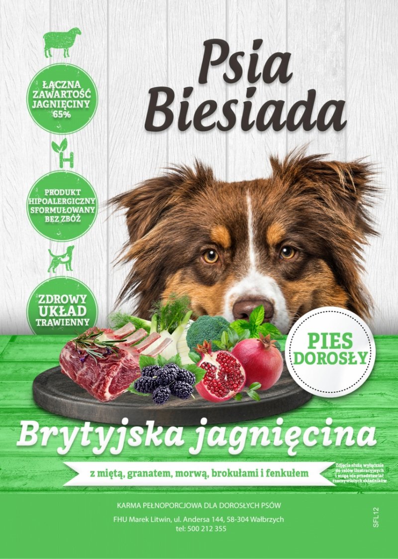 Psia Biesiada Brytyjska Jagnięcina z miętą, granatem, morwą, brokułami i fenkułem karma dla psów dorosłych średnich i dużych ras, 12kg