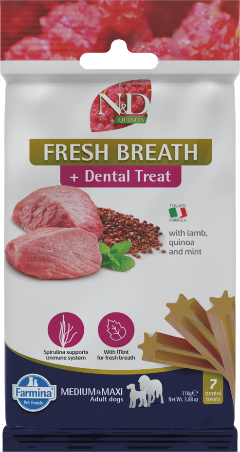 Farmina N&amp;D Quinoa Dental Treat Fresh Breath Adult Medium &amp; Maxi 110g Przysmak Dentystyczny Data Ważności 01.04.2026