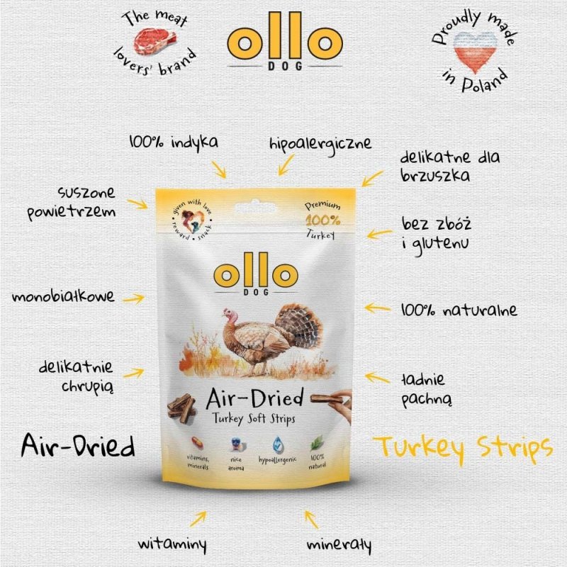 Ollo Air-Dried Turkey Strips przysmaki dla psa z Indykiem 80g