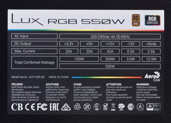 Zasilacz AEROCOOL LUX AEROPGSLUXRGB-550 (550 W; 120 mm)