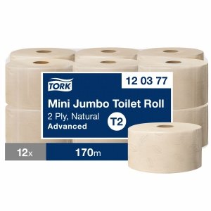Papier toaletowy Tork Mini Jumbo Advanced T2, 2-warstwowy naturalny 170m 12 rolek [120377]