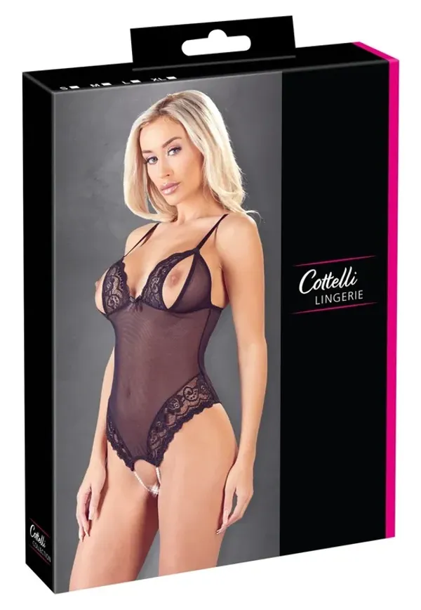 Cottelli LINGERIE - Seksowne Siateczkowe Body Z Delikatną Koronką Bez Krocza S