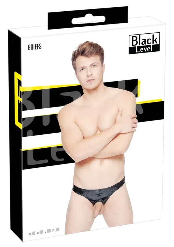 Black Level - Męskie Slipy Z Czarnym Połyskiem Z Otworem Na Penisa M