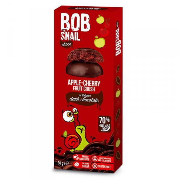 Przekąska jabłkowo-wiśniowa w ciemnej czekoladzie Bob Snail 30g